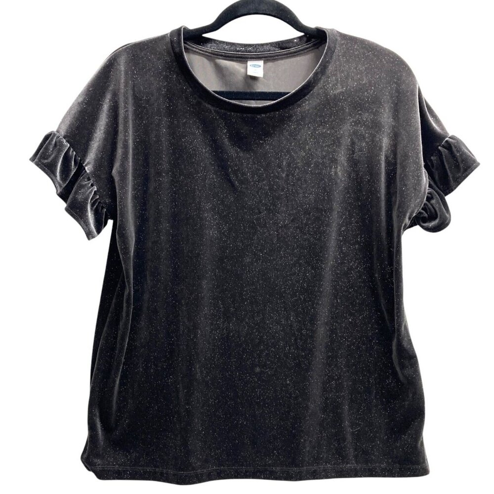 Old Navy Dark Gray Glittery Velvet-Velour Top, Size Medium, Short Ruffled Sleeve